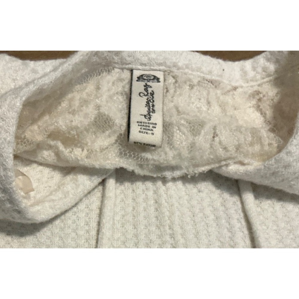 American Rag Crochet-Trim Lace-Up Waffle-Knit Top in Pale Cream, Size Small - Picture 4 of 6